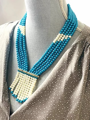 Blue and white handmade beaded necklace